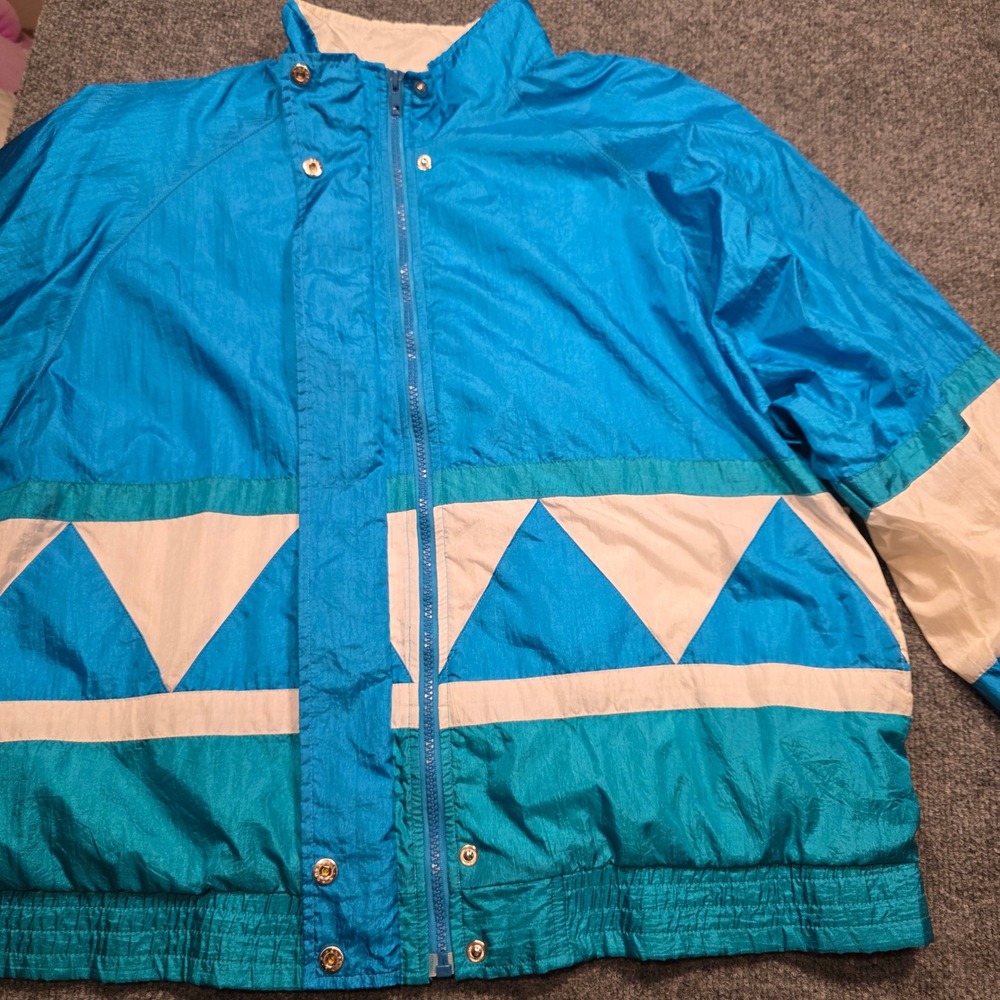 Vintage 80s Colorblock Windbreaker Jacket Teal Green Geometric Retro Grandmacore - Picture 6 of 10